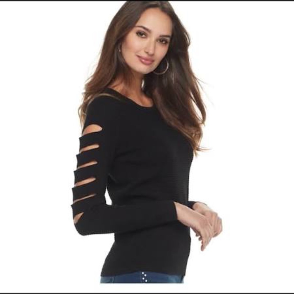 Jennifer Lopez Cutout Sleeve Crewneck Sweater